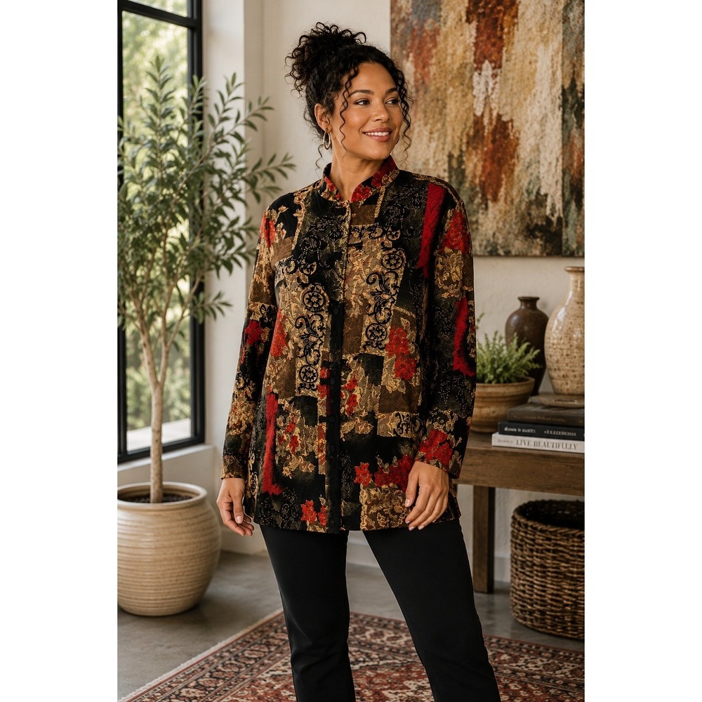 Coldwater Creek Tunic Womens 1X Embroidered Lagenlook Art To Wear Button Front
